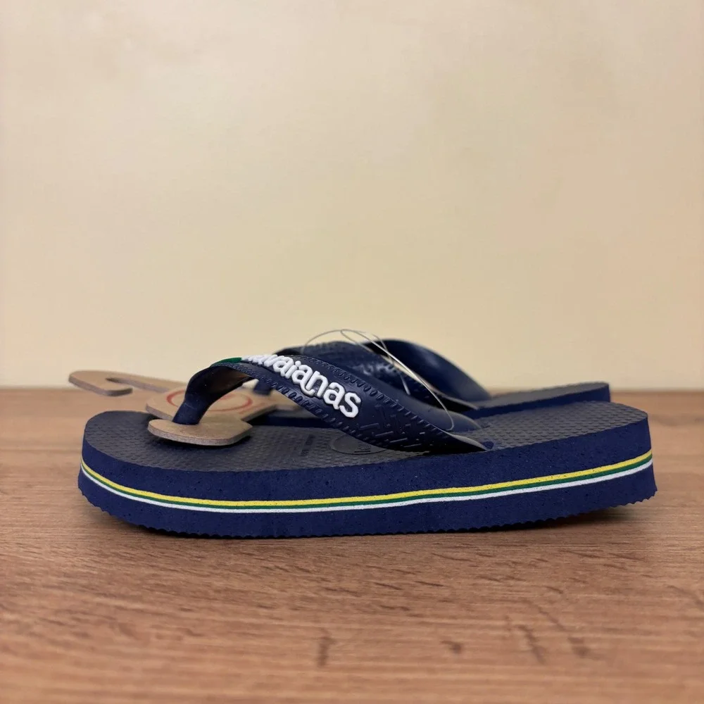 NEW HAVAIANAS Brazil Logo Flip Flops Navy Blue Kids Size 10C Summer Rubber